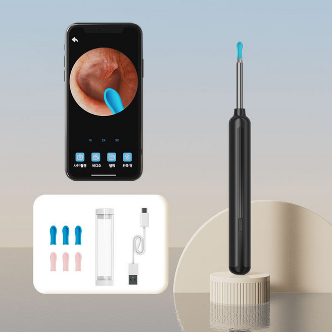 Kiboer 스마트 가시 귀이개 고화질 와이파이 연결 LED 조명 방수 C타입 충전, 블랙, 1개