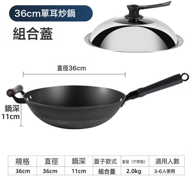 鑄鐵炒菜家用烹飪料理煲煮燉煮, 1個, 36CM 單柄 鍋具:如圖所示 9354