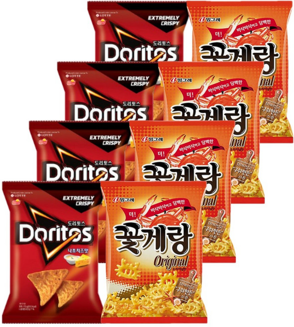 롯데 크라운 과자세트 도리토스 나쵸치즈 84gx4개+꽃게랑 70gx4개 (총8개), 1세트
