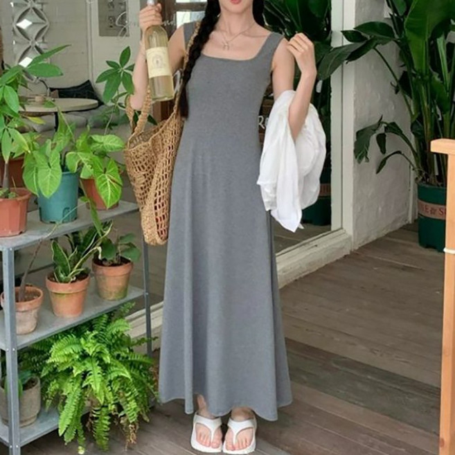 모달면 여름 스퀘어넥 나시 원피스 빅사이즈 루즈핏 이너 민소매 롱스커트 무릎까지 a라인 맥시 민소매 원피스