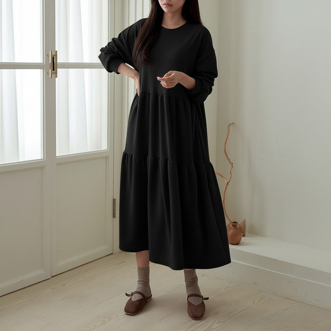 [러브포텐] 빅사이즈 3단 캉캉 롱원피스 55/88사이즈 셔링원피스 체형커버 긴팔원피스