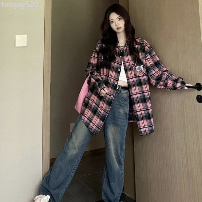 美式復古格子長袖襯衫女寬鬆設計感春秋上衣
