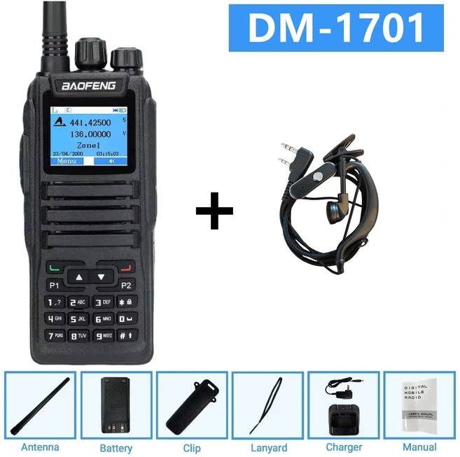 바오펑 DM-1701 DMR 듀얼 타임 슬롯 티어 1+2 SMS UHF 장거리 무전기 3000채널 캠핑 무선 세트 햄 라디오, 10 Add Headset, 01 미국인