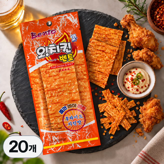 벤토 오치킨 후라이드 치킨맛 오징어와 치킨이 만났다. 맥주를 부르는 맛 맥주안주 마른안주 조미오징어 술안주 태국 1등 간식, 20개, 7g