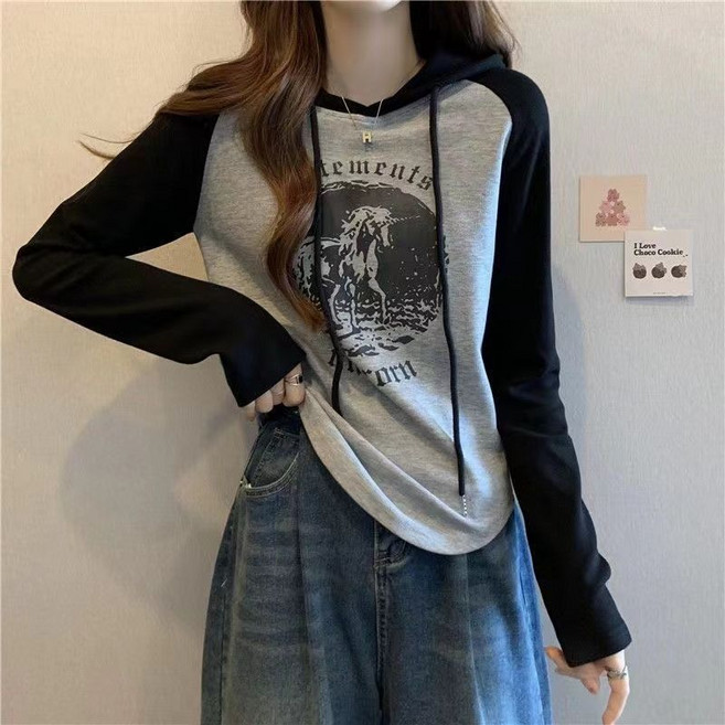 【拼色減齡】連帽衛衣 女式衛衣 春秋衛衣 寬鬆衛衣 大碼衛衣 插肩袖設計 加絨加厚 休閒百搭 春秋季日常穿搭