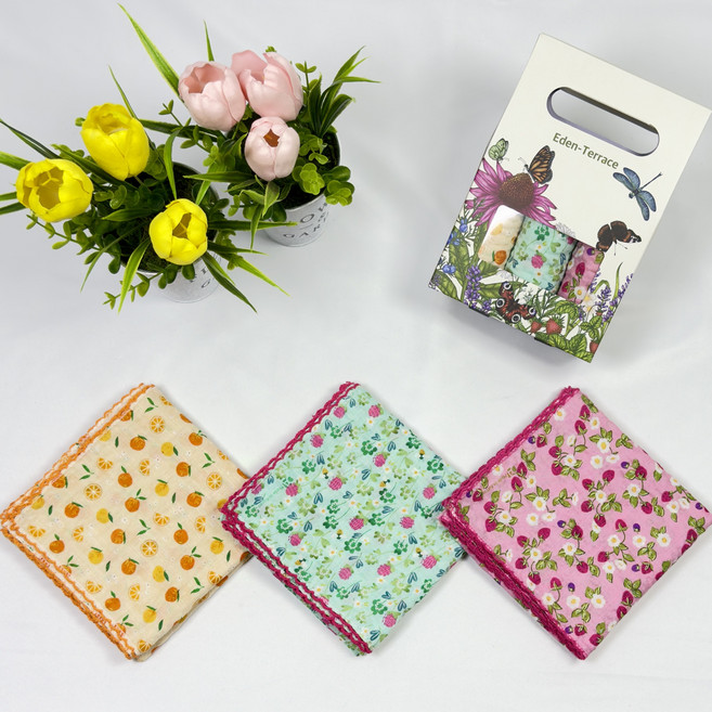 이든테라스 손수건 여성 쁘띠 스카프 3장 1셋트 (고급 선물 케이스 포장) 면 80수 엠보 큐티 핀코트D