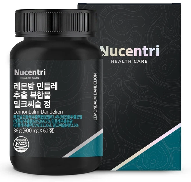 뉴센트리 레몬밤 민들레 추출물 추출 분말 [83.4%] 유기농 밀크씨슬 복합물, 60정, 1개 - 쿠팡