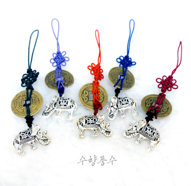 핸드메이드 코끼리 전통 공예 매듭 엽전 키링 열쇠고리 풍수 장식 소품 수향풍수, 1개
