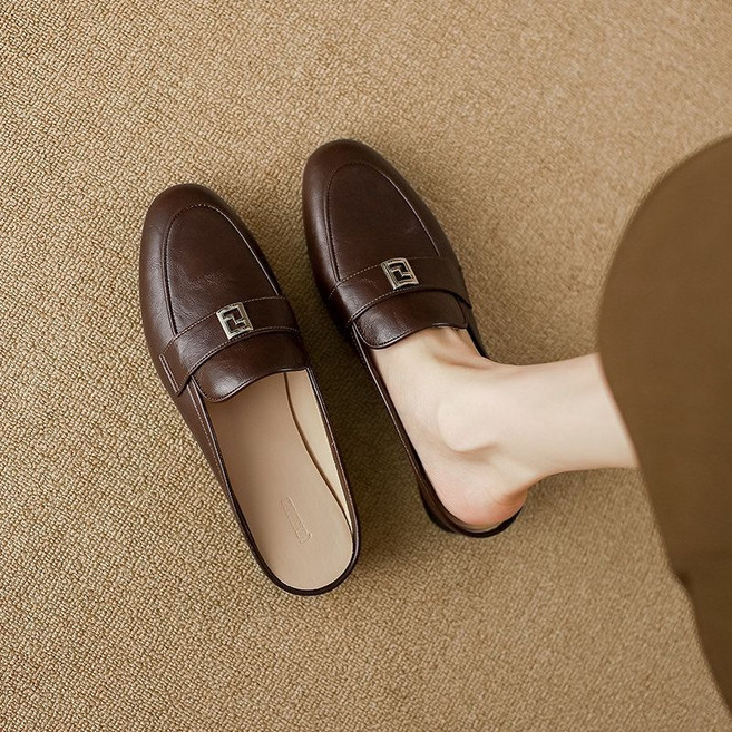 法式軟皮平底穆勒鞋, 25 cm, 棕色