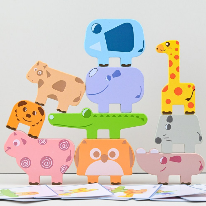 토이토 동물 스태킹 원목 블럭 젠가 10pcs 블록 쌓기 보드게임, 1세트