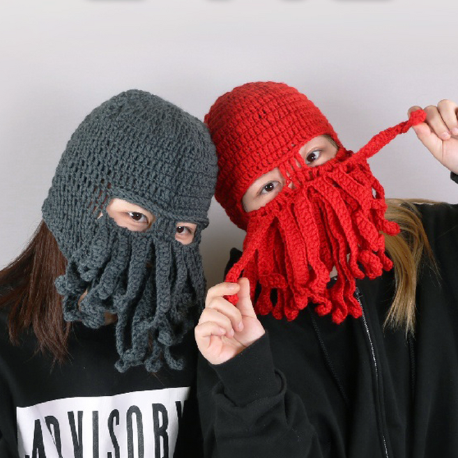 문어 수염 니트 복면 인싸 템 쓸데없는 쓸모없는 선물, 1개, 레드
