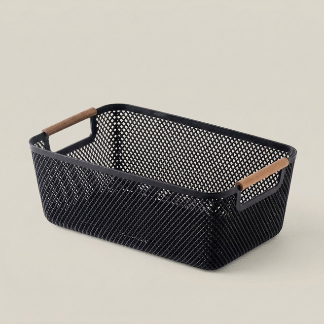 슈나온 우드 손잡이 팬트리 주방 화장대 메쉬 바구니, 1개, 블랙