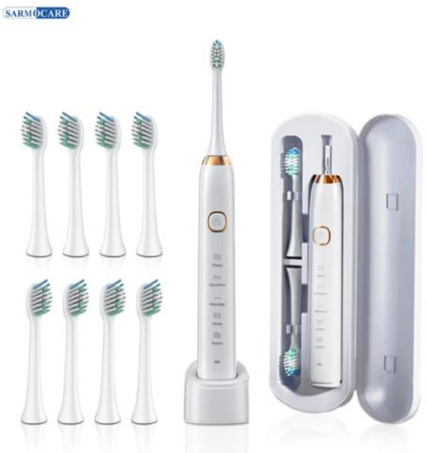 충전식 전동 음파 칫솔 스마트 초음파 치아 미백 성인용 칫솔 8 브러시 헤드 Sarmocare S100, 2) White 8 Heads, 03 White 8 Heads