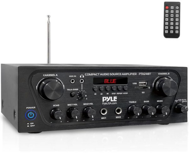 Pyle 2채널 블루투스 홈 스테레오 앰프 250W 무선 오디오 리시버 노래방 최적화 듀얼 에코 마이크 토크 오버 라디오 USB A Mp3 RCA AUX 리모트 컨트롤 PTA2, Pyle 2채널 블루투스 홈 스테레오 앰프 250W 무