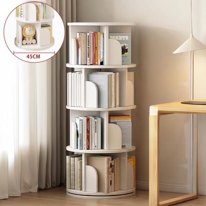 KURUA 학생 대용량 원형 책장 거실 서재 회전형 책꽂이, 흰색, 4단