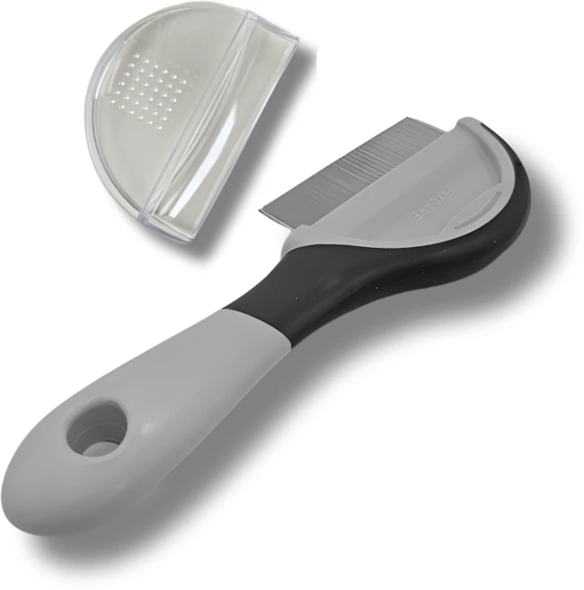 일본제작 반려동물 벼룩빗 콤빗 겸용 투인원 손에 안 묻는 위생커버 눈 입가 엉킨털 페티오, 1개, 그레이계 - 쿠팡