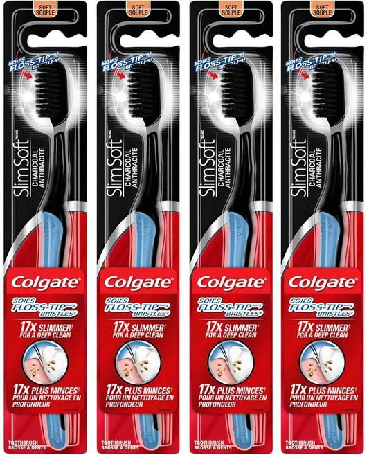 콜게이트 Colgate 슬림소프트 플로스 팁 차콜 소프트모 성인용 칫솔 4개입, 콜게이트 슬림소프트 플로스팁 숯 칫솔, 소프트 (4개입 - 쿠팡