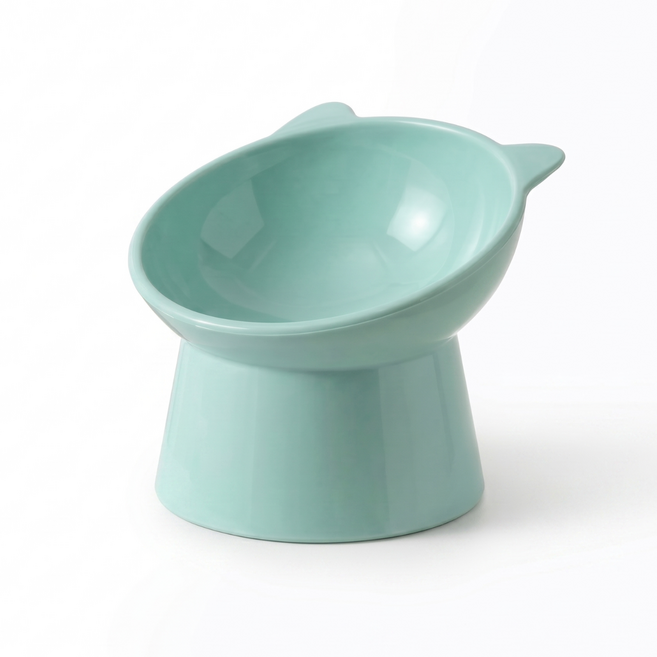 EIRAFUR 伊羅琺 高腳貓碗 寵物護頸碗 傾斜式寬口設計 貓耳造型, 綠色, 1個