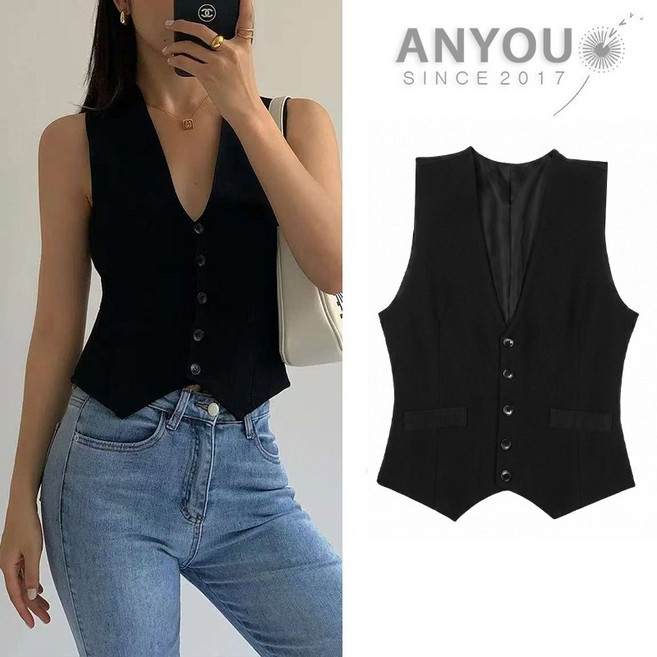 ANYOU 여성 정장 베스트 V넥 조끼 데일리 캐주얼 베스트 데일리룩