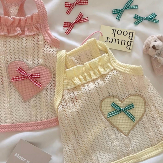 애견 리본 하트 망사 티셔츠, 1개, 노랑