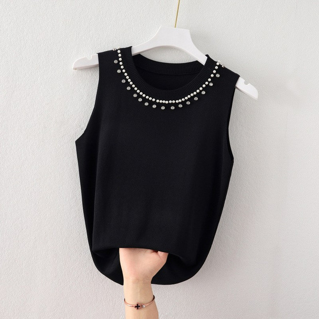 FANSYLI 니트 나시 여성 여름 라운드 스팽글 진주 민소매 니트 탑 이너 나시 티셔츠 W2505M20