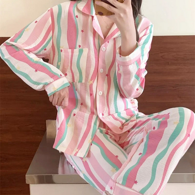 여성 가을겨울 잠옷 긴팔 긴바지 세트 부드러운 홈웨어 코디 고급 루즈핏 보온 편안한 셔츠 투피스 파자마 파티 우정잠옷