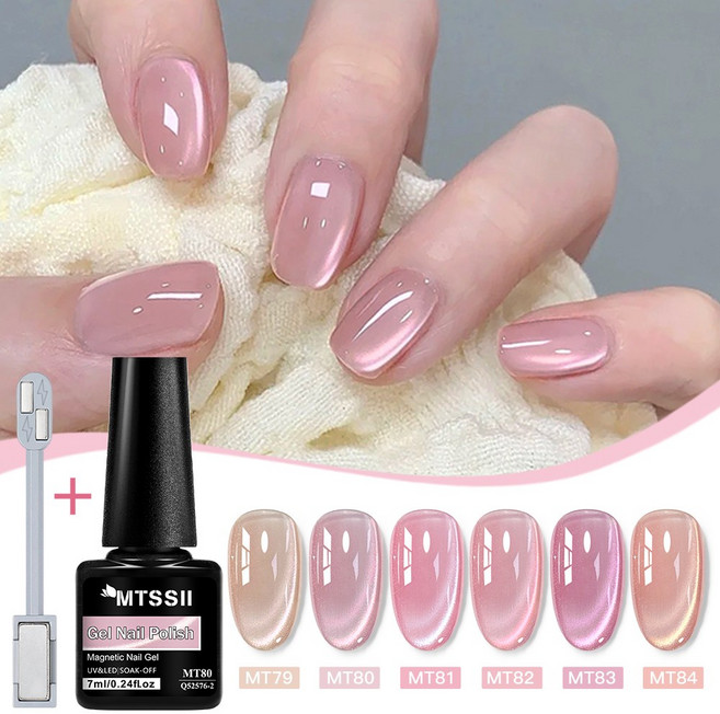 6가지 컬러 젤리 캣 아이 젤 네일 폴리쉬 세트 홀로그램 글래스 캣 아이 젤 폴리쉬 키트 (마그넷 포함) 소크 오프 UV LED 라이트 누드 핑크 벨벳 반투명 컬러 매니큐어 네일, 분홍색 유리, 6개, 7ml