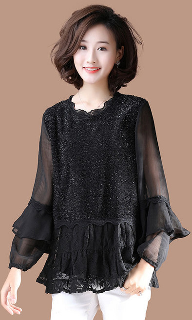 빅 사이즈 레이스 패치 맨투맨 셔츠 여 루즈 캐주얼 긴팔 시폰 상의 nvduanxiu