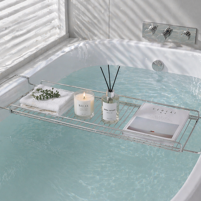 욕조 트레이 확장형 스테인리스 욕실 거치대 반신욕 욕조 선반, 1개, 실버