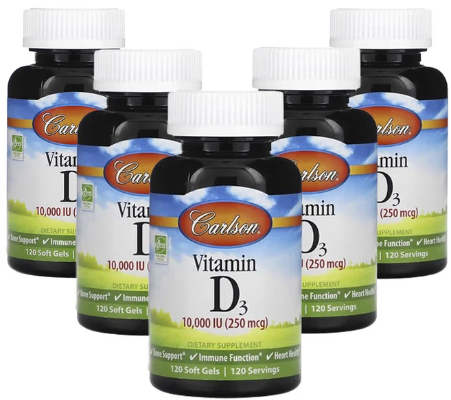 칼슨 비타민D3 250 mcg (10 000 IU) 120소프트젤, 5팩, 120정 - 쿠팡