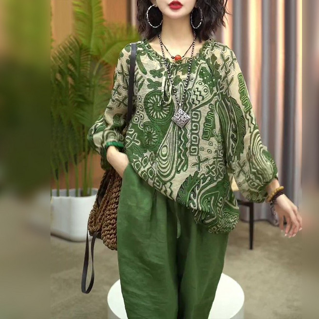 지고다그 여름 빈티지 투피스 세트 여성 루즈핏 상의 와이드팬츠 대사이즈 플라워 프린트 캐주얼 엄마옷 ZH0382