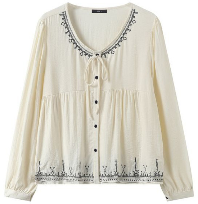 GGPX 자수 포인트 라운드넥 셔링 긴팔 블라우스 (GQBBA007D)