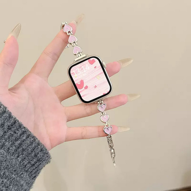 생활보물창고 애플워치밴드 스트랩 하트 여성 브레이슬릿 메탈 호환 데일리, 1개, 핑크