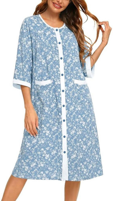 YOZLY Cotton House Dress for Women 3/4 Sleeve House Coats Dusters Robe Moomoo Nightgowns with Pock, Flower Blue