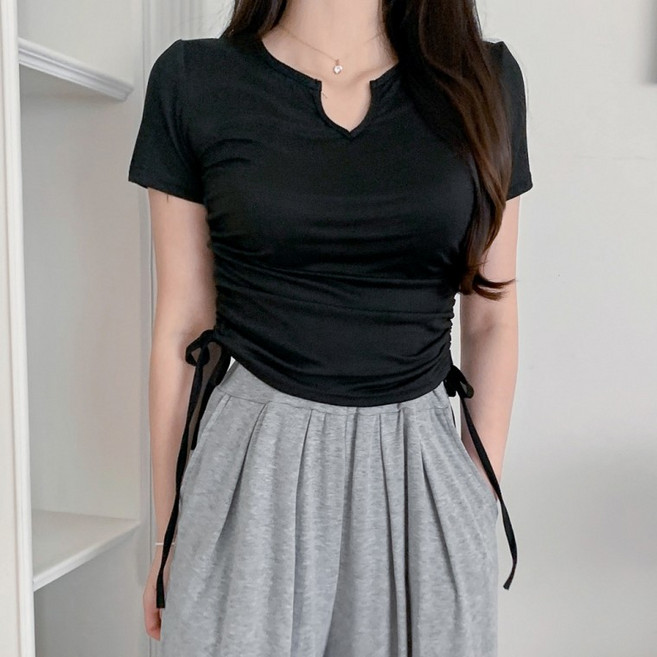 여자 무지 티셔츠 슬림 U넥 셔링 반팔티 꾸안꾸 여름티