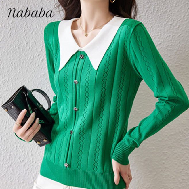 나바바 NK725 여성 빈티지 다이아 펀칭 카라 니트티