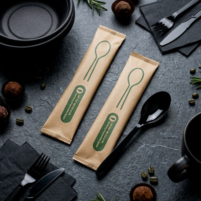 진담팩 고급 크라프트 개별 종이 포장 PP 숟가락 검정, 10개, 1개