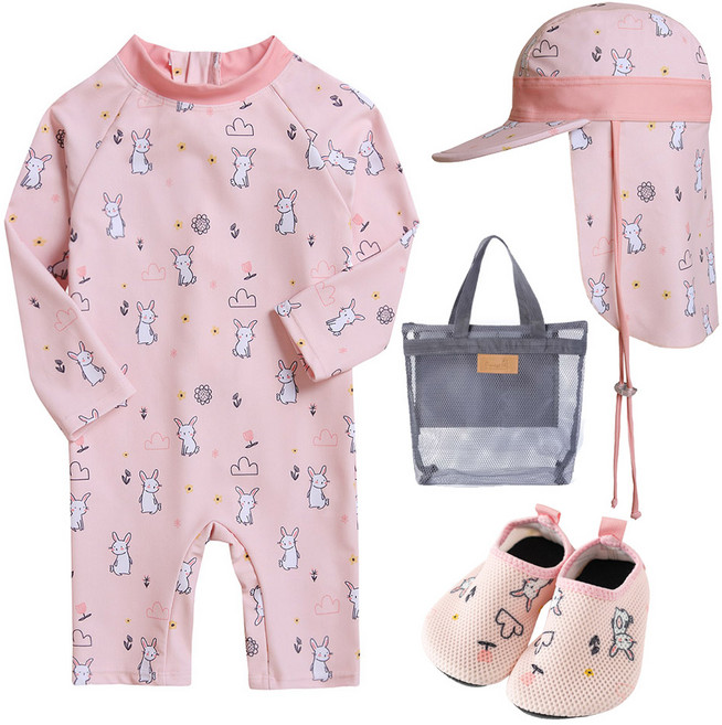 동그리 아기 유아 돌아기 여아 숲속토끼 수트 수영복 플랩캡 아쿠아슈즈 4종 래쉬가드 세트
