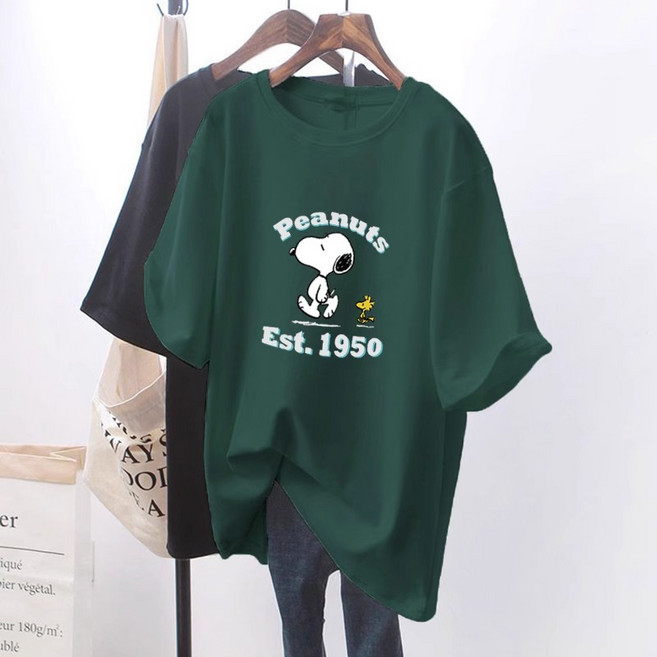 다나에 스누피 커플 프린트 순면 여자 남자 여름 루즈핏 반팔티 +크세라스 머리끈