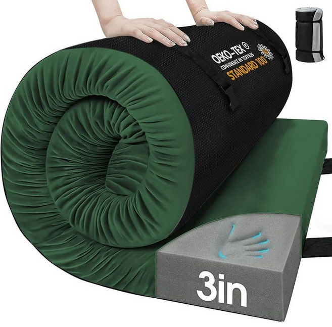 CYMULA 메모리 폼 캠핑 매트리스 패드 캠핑용 7.6cm(3인치) 수면 패드 미끄럼 방지 바닥 바닥 침대 매트리스 성인용 휴대용 롤업 매트리스 패드 매트 자동차 여행, 다크 그린