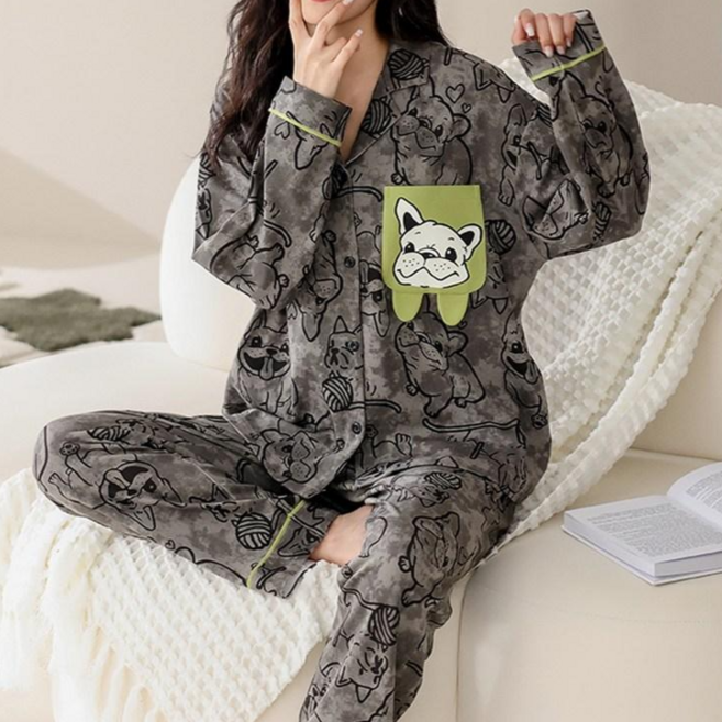 여성 캐주얼 슬림핏 편하게 입을 수 있어 강아지 강아지 귀여운 프린트 스타일리시한 칼라 단추 포켓 봄 가을 겨울 사계절 보온 긴팔 긴 바지 파자마 바지 파자마 실내복 2 피스