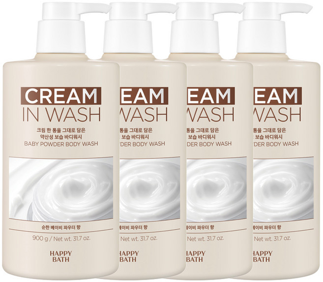 해피바스 크림인 약산성 보습 바디워시 베이비 파우더향, 900g, 4개