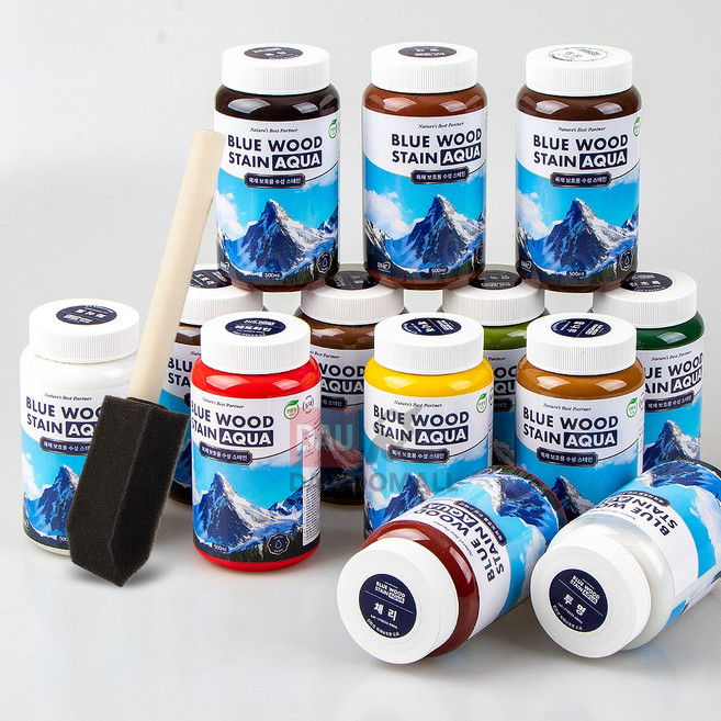 [다우몰] 친환경 수성 스테인 페인트 블루 우드 아쿠아 목재 가구 방문 코팅 (스펀지붓), 1개, 500ml, 티크