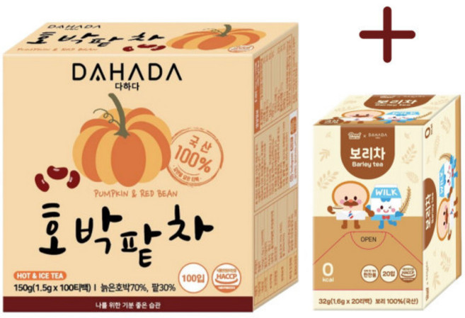 다하다 호박팥차 100티백 + 보리차 20티백 국산 원료로 생산한 우리차, 1세트, 100개입, 2g