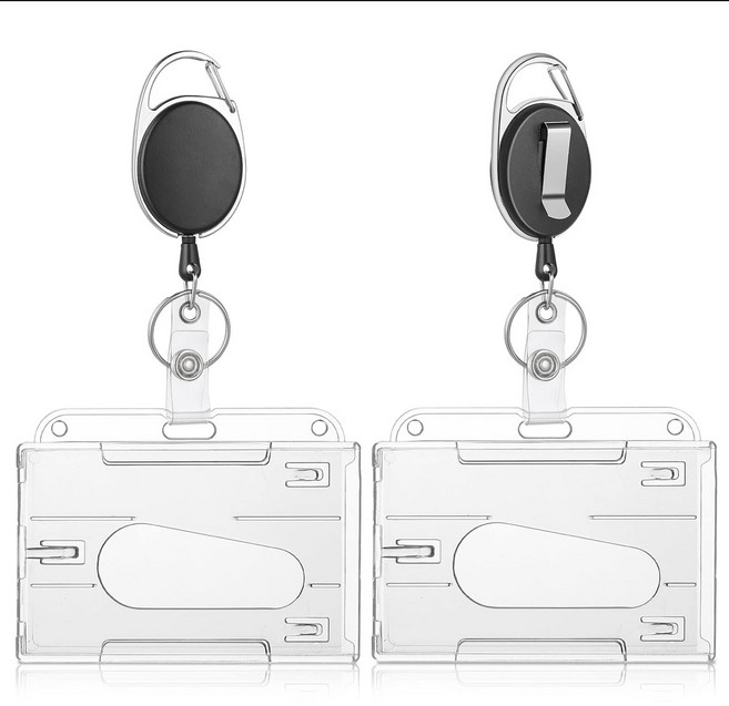 [매일마켓] 폴리카보네이드소재 내구성 뛰어난 투명하드 듀얼 카드홀더 + 릴 스트랩 분실방지 (학생증/사원증/교통카드/아파트출입카드/어르신신용카드분실방지), 2개, 가로