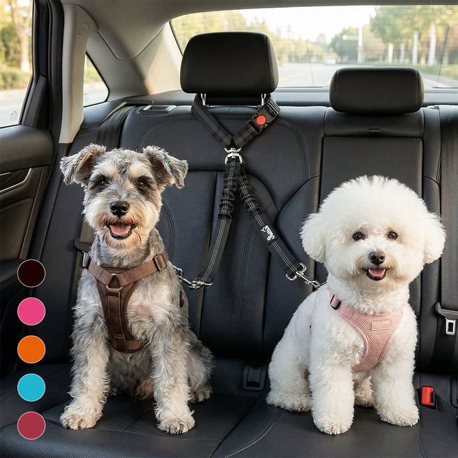 강아지 차량용 안전벨트 2마리 동시사용 듀얼 안전벨트 길이조절 충격흡수, 1개, 까만색
