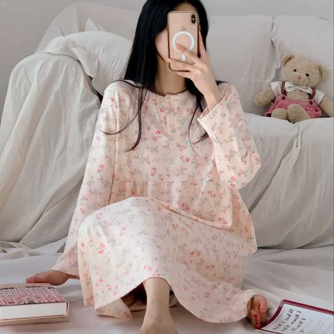 우아 여성 빅사이즈 양면기모 홈웨어 원피스 잠옷