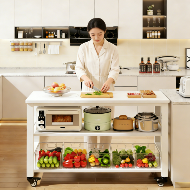 모룸 E0급 친환경 저포름알데히드 주방 다용도 이동식 보조 선반 테이블 와이드 수납 렌지대, 3단, 화이트