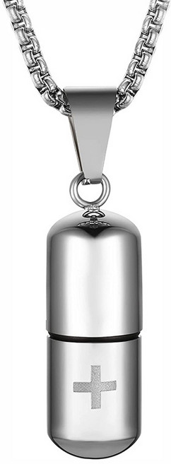 누리몰 긴급 생명 알약목걸이 협심증약 십자가 케이스 응급 휴대용 생명 건강목걸이 구조 비상약 약통 24인치/60cm, 실버, 1개