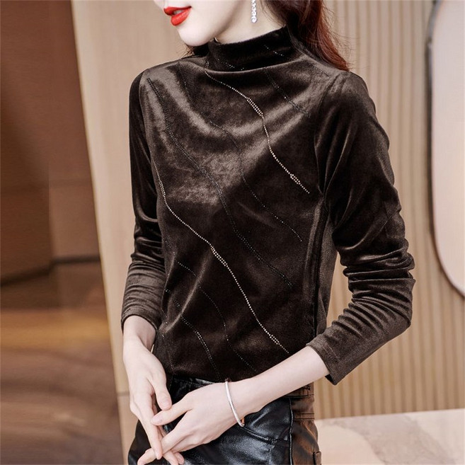 besteffie 여성 가을 겨울용 고급스러운 벨벳 티셔츠 슬림핏 반폴라 긴팔 상의 레트로 스타일 K18